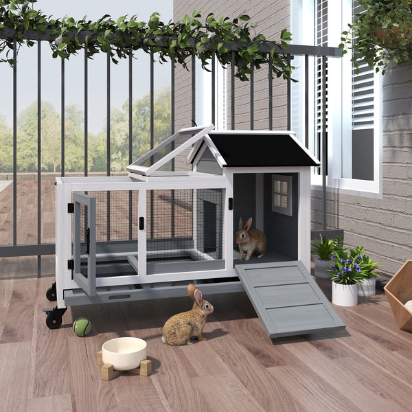 HKM-1145789 Spacious Wooden Rabbit Hutch with Wheels and Removable Tray for Small Animals