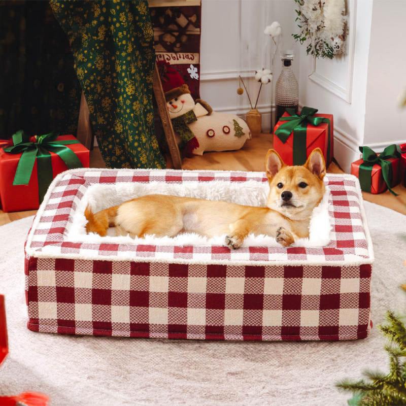 HKM-1151933 Classic Plaid Removable Washable Dog Cushion - Available in Red, Blue, Black, Brown