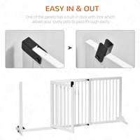 HKM-1153341 Adjustable Freestanding Wooden Pet Gate with Lockable Door - 3 Panels, White