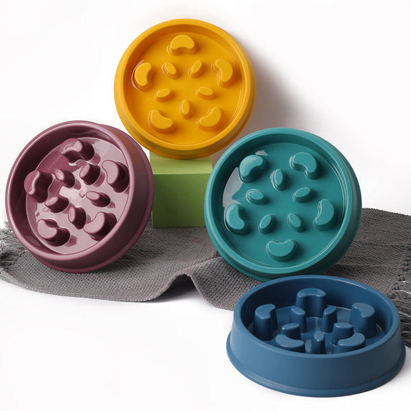 HKM-1153853 Slow Feeder Dog Bowl - Anti-Choke Pet Dish in Yellow, Dark Blue, Purple, Peacock Green - 19.3cm Diameter, Plastic