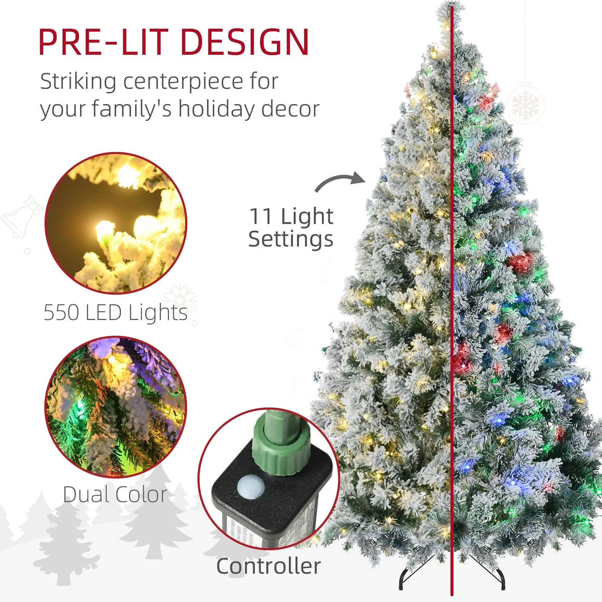 HKM-115667 7.5ft Mini Prelit Snow Flocked Artificial Christmas Tree with 1149 Branches and 550 Warm White Lights