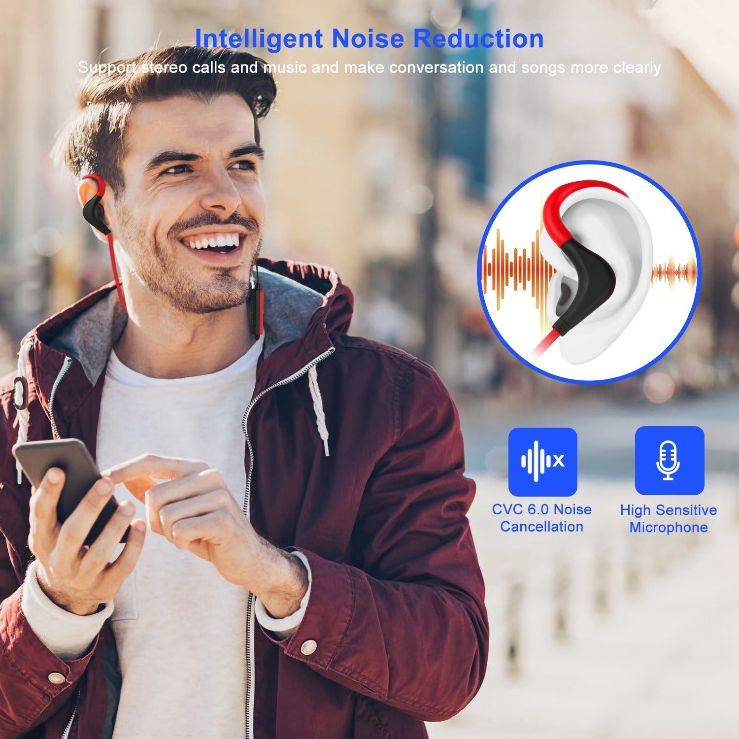 HKM-116243 Wireless Sport Earphones with Noise Cancellation, Sweatproof Design, and In-line Mic for Hands-Free Use