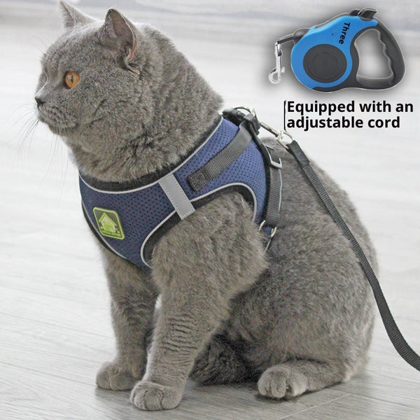 HKM-1163197 Breathable Cat Harness with Retractable Leash, Anti-Escape Design, Multiple Sizes and Colors Available