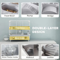 HKM-1167037 2-Tier Hamster Cage with Sand Bathroom, Running Wheel, and Water Bottle for Small Hamsters