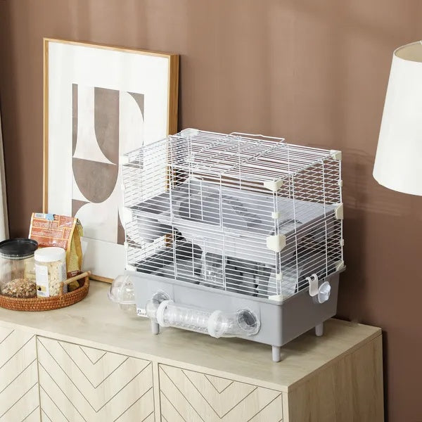 HKM-1167037 2-Tier Hamster Cage with Sand Bathroom, Running Wheel, and Water Bottle for Small Hamsters