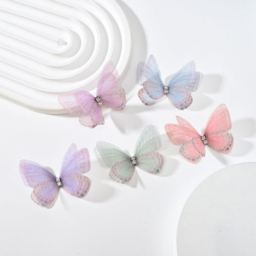 HKM-117139 Double Layer Mesh Laminate Floral Print Double Diamond Butterfly Jewelry Headdress