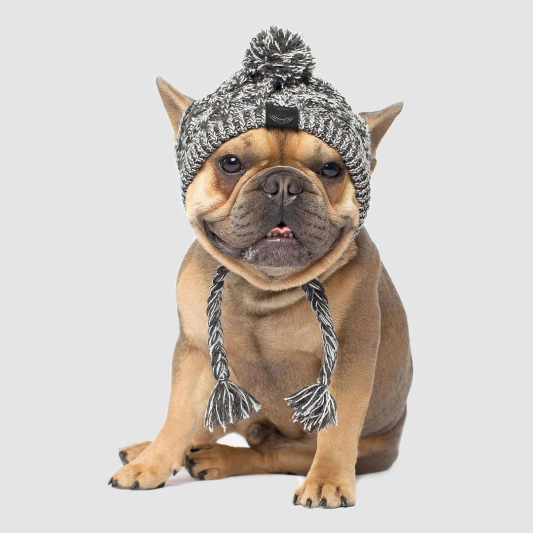 HKM-1173949 Two-Tone Windproof Fluffy Knitted Dog Hat with Pom Poms and Ear Slits