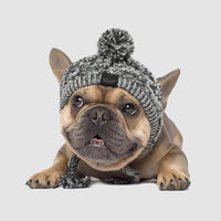 HKM-1173949 Two-Tone Windproof Fluffy Knitted Dog Hat with Pom Poms and Ear Slits