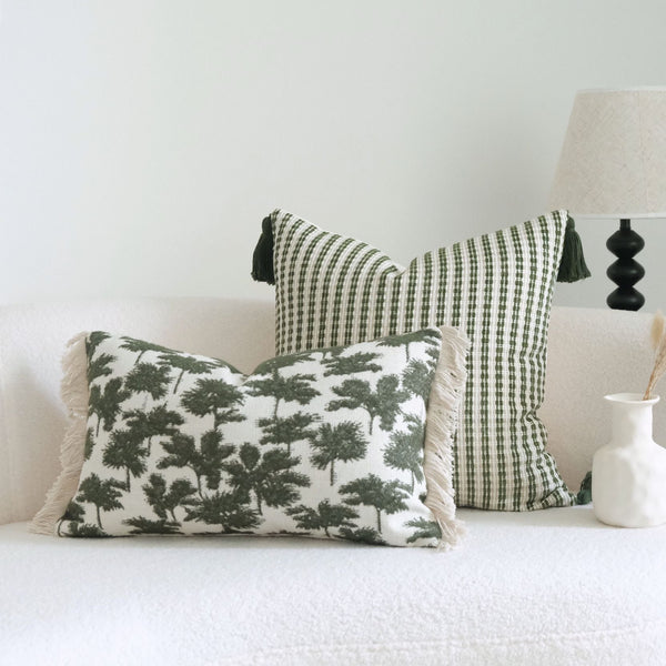 HKM-117651 Green Cotton and Linen Tassel Pillow with Stripes and Floral Pattern, Various Sizes Available