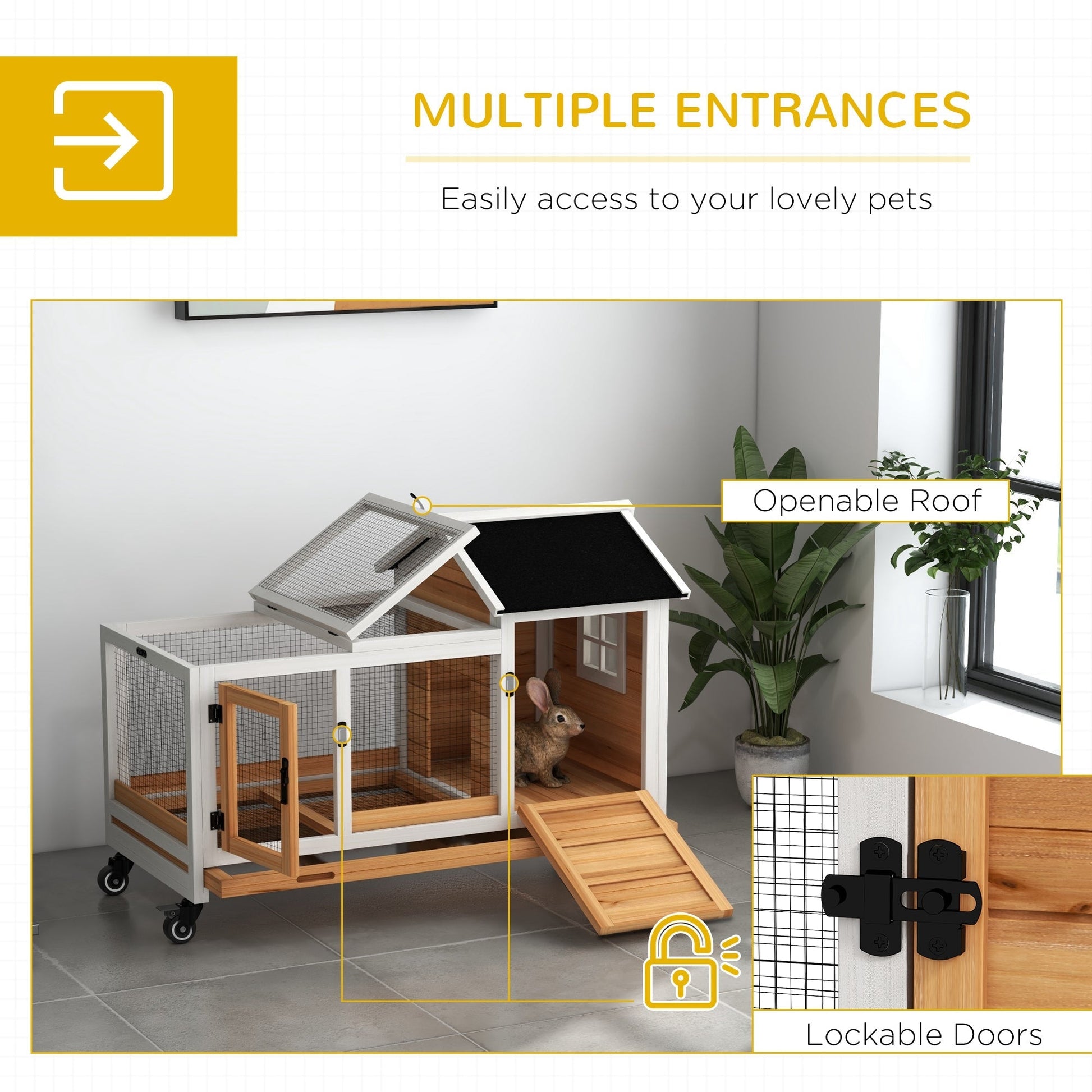 HKM-1178557 Yellow Wooden Rabbit Hutch with Wheels and Slide-out Tray for Small Animals