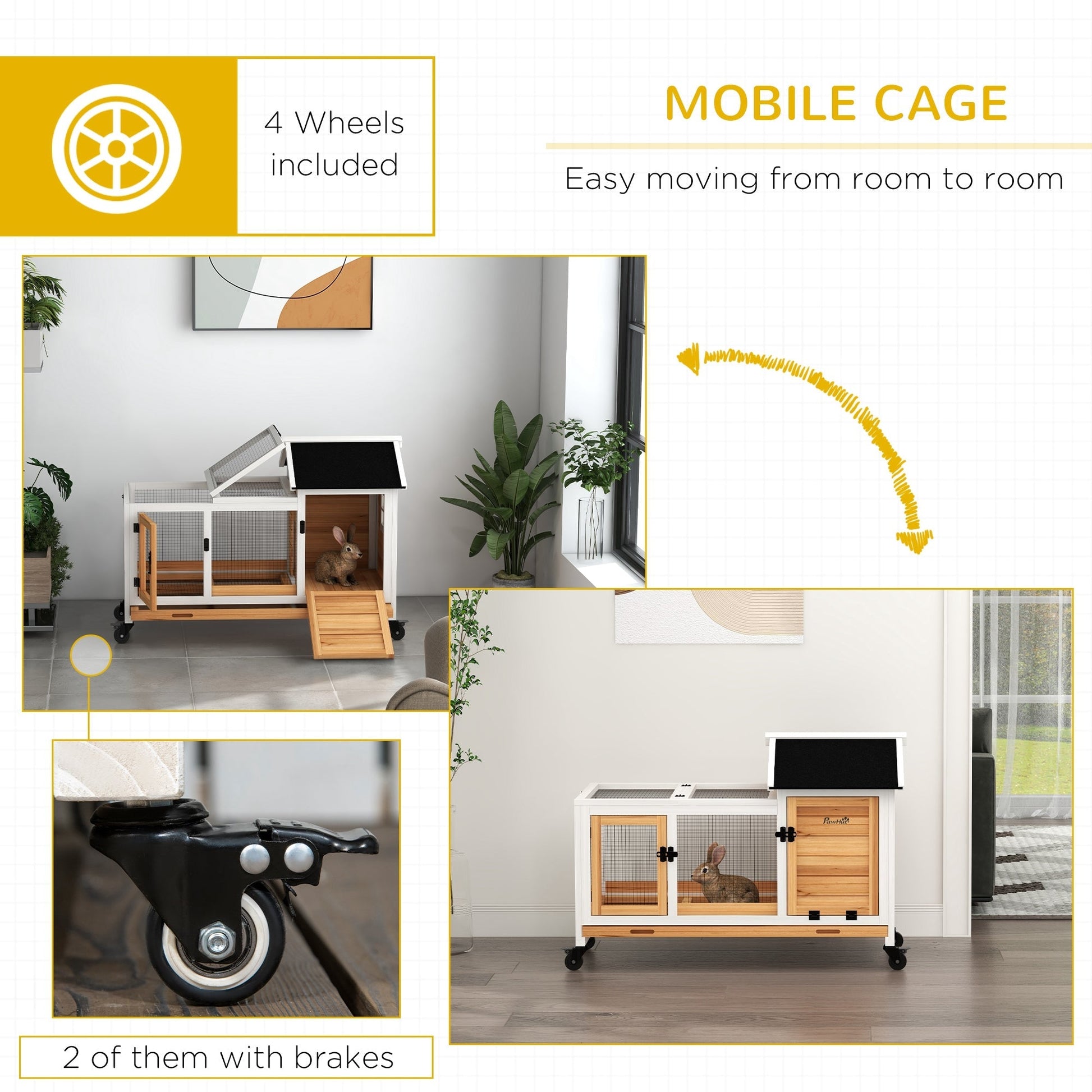 HKM-1178557 Yellow Wooden Rabbit Hutch with Wheels and Slide-out Tray for Small Animals