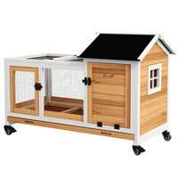 HKM-1178557 Yellow Wooden Rabbit Hutch with Wheels and Slide-out Tray for Small Animals