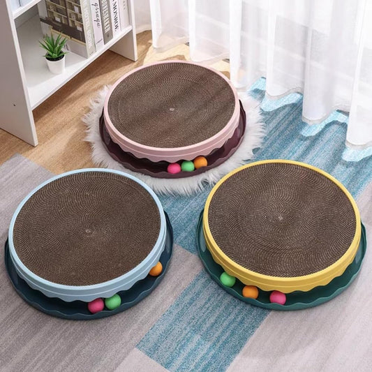HKM-1180349 Cat Scratching Post with Interactive Toy Balls, Eco-Friendly Corrugated Cardboard, Refillable & Easy to Clean, Indoor Fun for Cats