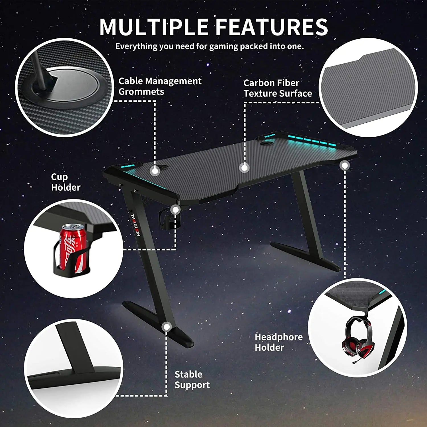 HKM-118227 RGB Gaming Desk with Cup Holder and Modern Design for Gamers