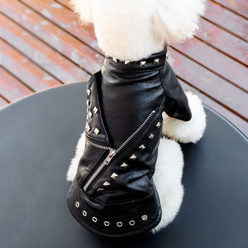HKM-1183037 Stylish Rivet Black Leather Coat for Dogs and Cats - Ideal for Autumn and Winter, Sizes S to XL