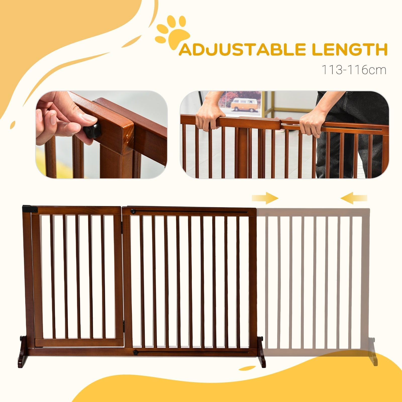 HKM-1186109 Adjustable Freestanding Wooden Pet Gate with Lockable Door, 3 Panels - Brown