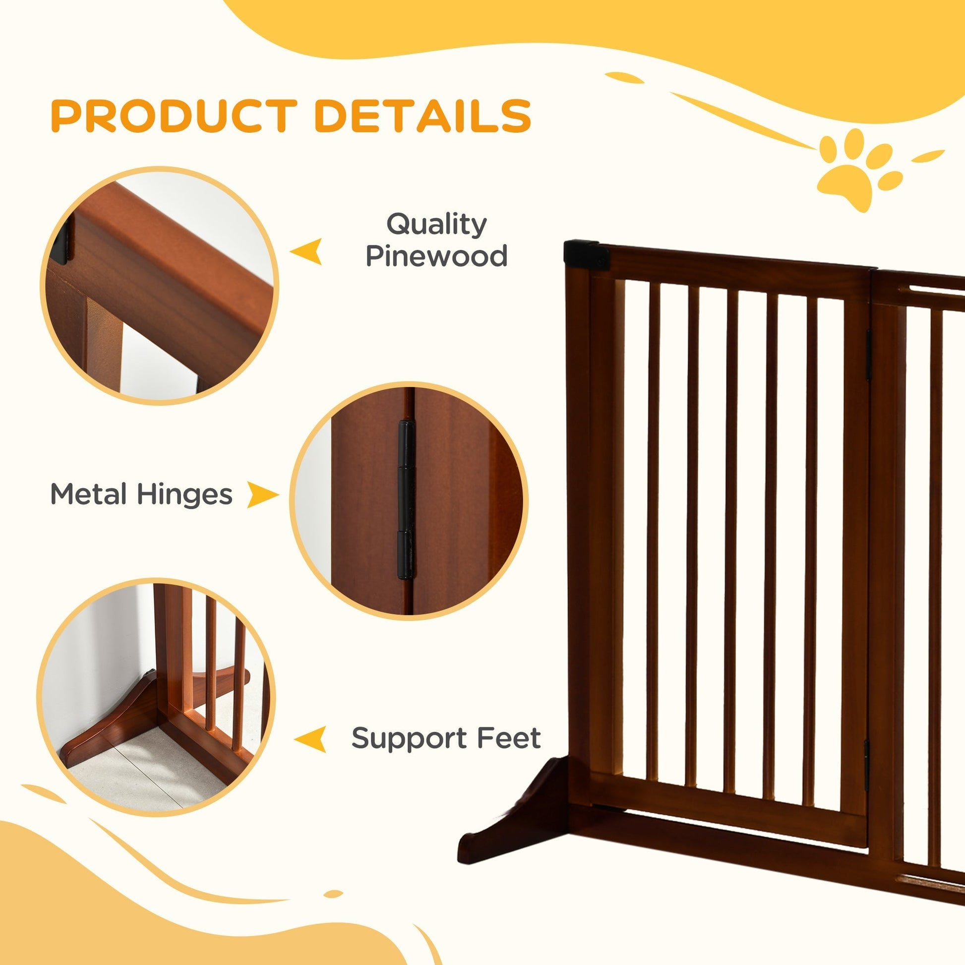 HKM-1186109 Adjustable Freestanding Wooden Pet Gate with Lockable Door, 3 Panels - Brown