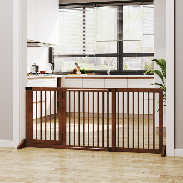HKM-1186109 Adjustable Freestanding Wooden Pet Gate with Lockable Door, 3 Panels - Brown