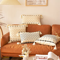 HKM-118739 Geometric Tassel Plush Pillow Case – Cotton and PP Cotton Cushion Cover in Yellow and Black Grid Patterns