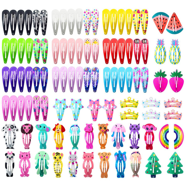 HKM-119251 100-Piece Assorted Hair Clips Set for Kids and Teens - Cute Candy Colors and Cartoon Designs