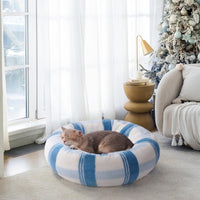 HKM-1194813 Soft Round Cat Bed for Indoor Cats - Calming Washable Pet Bed with Non-Slip Base, 23 Inch Blue Striped Design, Ideal for Small Dogs and Kittens