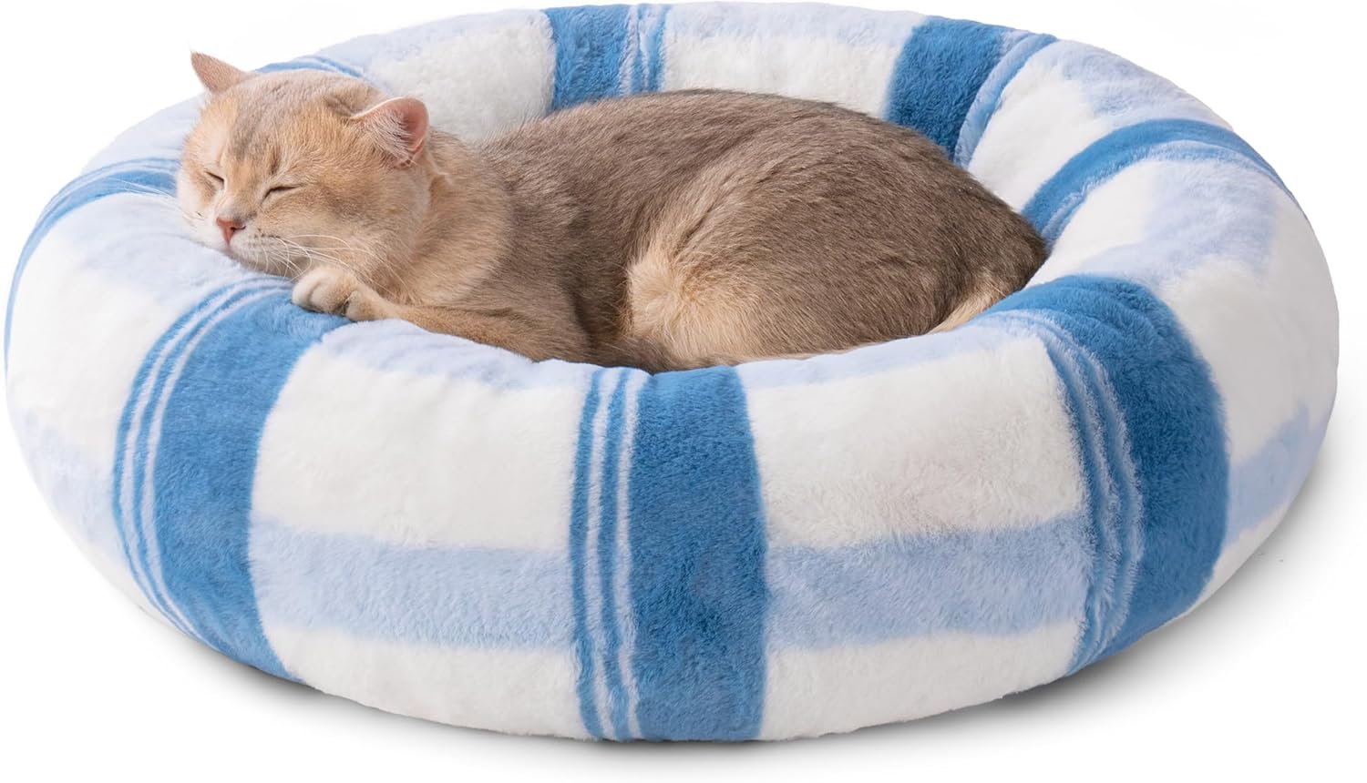 HKM-1194813 Soft Round Cat Bed for Indoor Cats - Calming Washable Pet Bed with Non-Slip Base, 23 Inch Blue Striped Design, Ideal for Small Dogs and Kittens