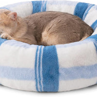 HKM-1194813 Soft Round Cat Bed for Indoor Cats - Calming Washable Pet Bed with Non-Slip Base, 23 Inch Blue Striped Design, Ideal for Small Dogs and Kittens