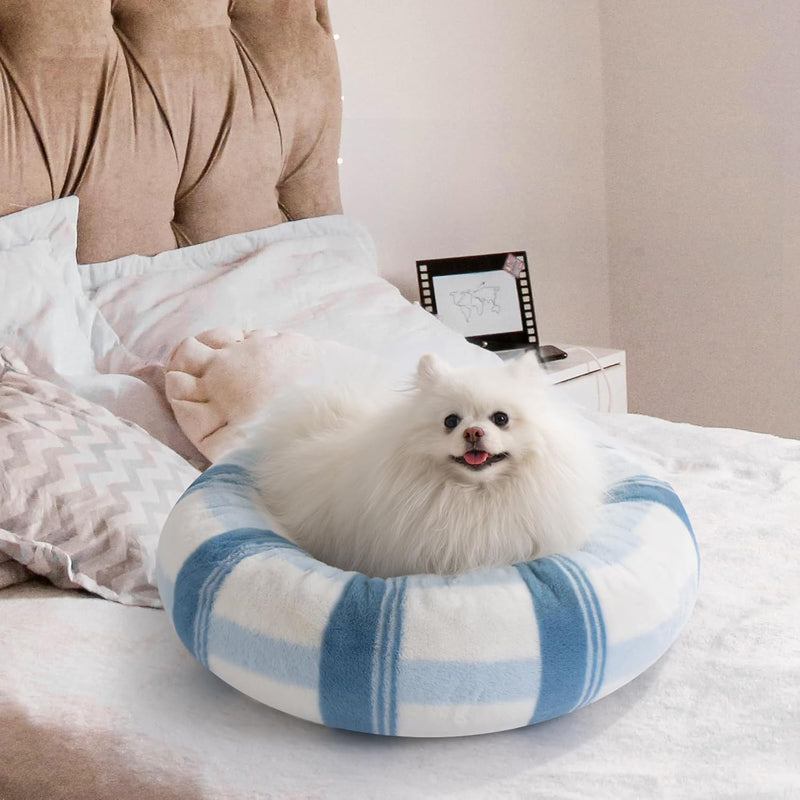 HKM-1194813 Soft Round Cat Bed for Indoor Cats - Calming Washable Pet Bed with Non-Slip Base, 23 Inch Blue Striped Design, Ideal for Small Dogs and Kittens