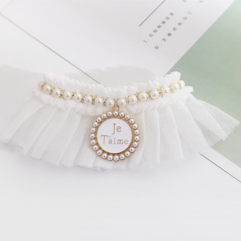 HKM-1198141 Elegant Lace Pearl Cat Collar - Pink & Blue Mesh Options Available, Multiple Sizes
