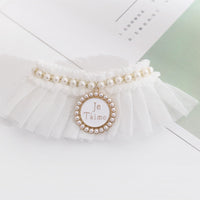 HKM-1198141 Elegant Lace Pearl Cat Collar - Pink & Blue Mesh Options Available, Multiple Sizes