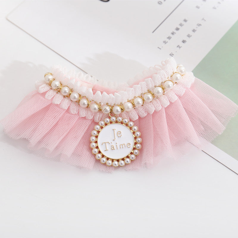 HKM-1198141 Elegant Lace Pearl Cat Collar - Pink & Blue Mesh Options Available, Multiple Sizes