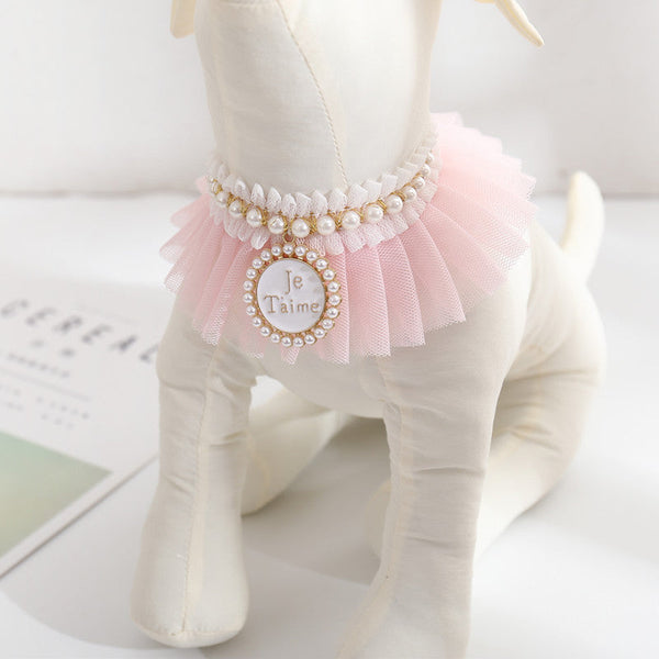 HKM-1198141 Elegant Lace Pearl Cat Collar - Pink & Blue Mesh Options Available, Multiple Sizes