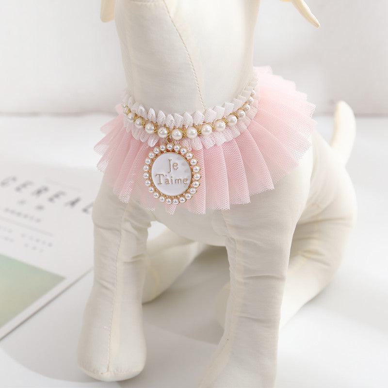 HKM-1198141 Elegant Lace Pearl Cat Collar - Pink & Blue Mesh Options Available, Multiple Sizes
