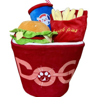 HKM-120019 Fast Food-Themed Plush Dog Toy Set - Bucket, Fries, Soda & Burger with Squeakers