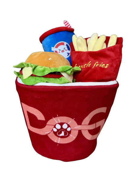 HKM-120019 Fast Food-Themed Plush Dog Toy Set - Bucket, Fries, Soda & Burger with Squeakers
