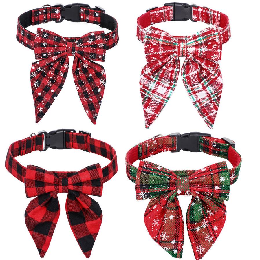 HKM-120211 Festive Plaid Dog Collar Bow Tie for Christmas ¨C Red, Green, and Snowflake Designs