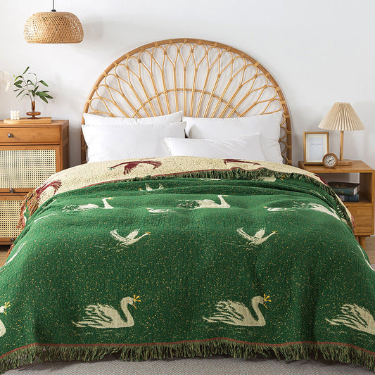 HKM-120659 Cotton Gauze Nap Blanket with Green Swan Tassels, 200x230cm
