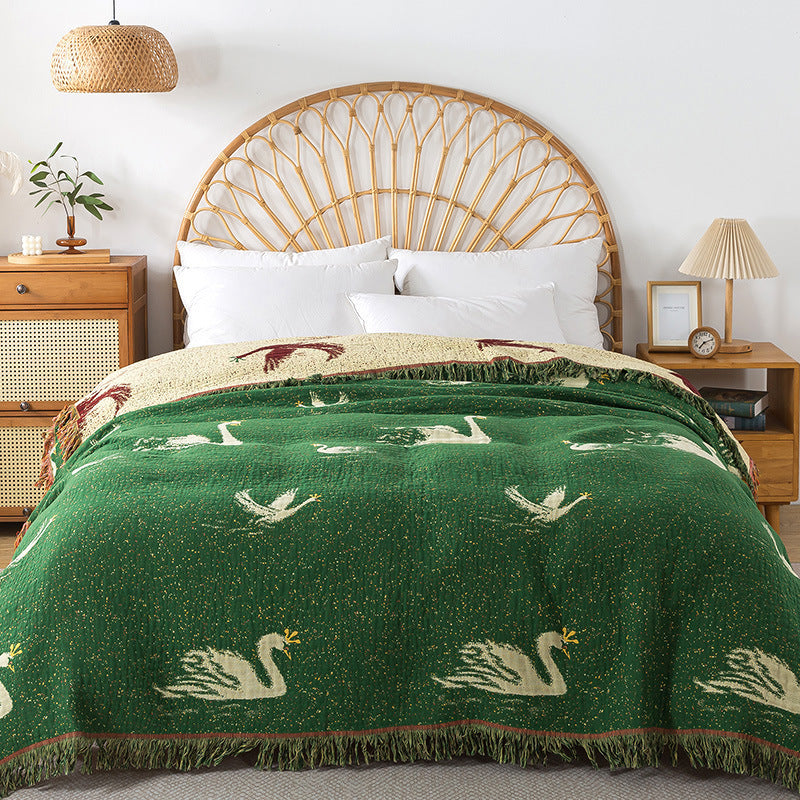 HKM-120659 Cotton Gauze Nap Blanket with Green Swan Tassels, 200x230cm