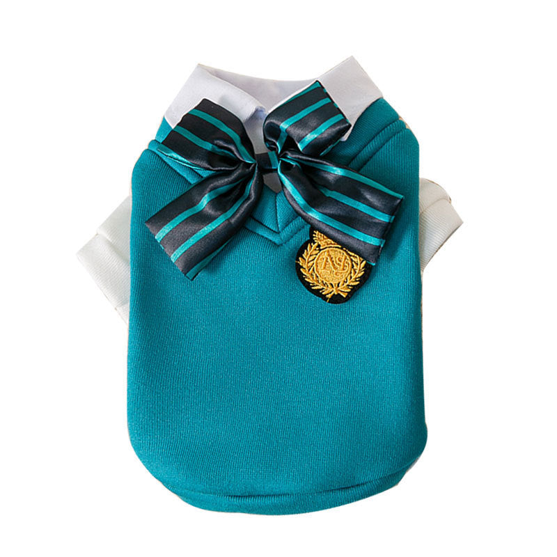 HKM-1206973 College Style Dog Bow Tie and Sweater Dress Set in Green - Fashionable, Simple Design for Pets