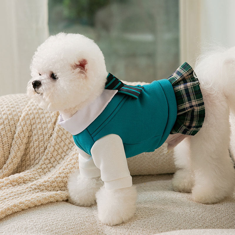 HKM-1206973 College Style Dog Bow Tie and Sweater Dress Set in Green - Fashionable, Simple Design for Pets