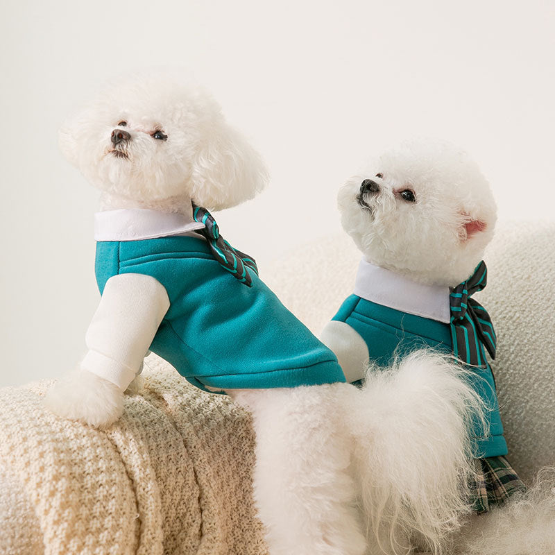 HKM-1206973 College Style Dog Bow Tie and Sweater Dress Set in Green - Fashionable, Simple Design for Pets