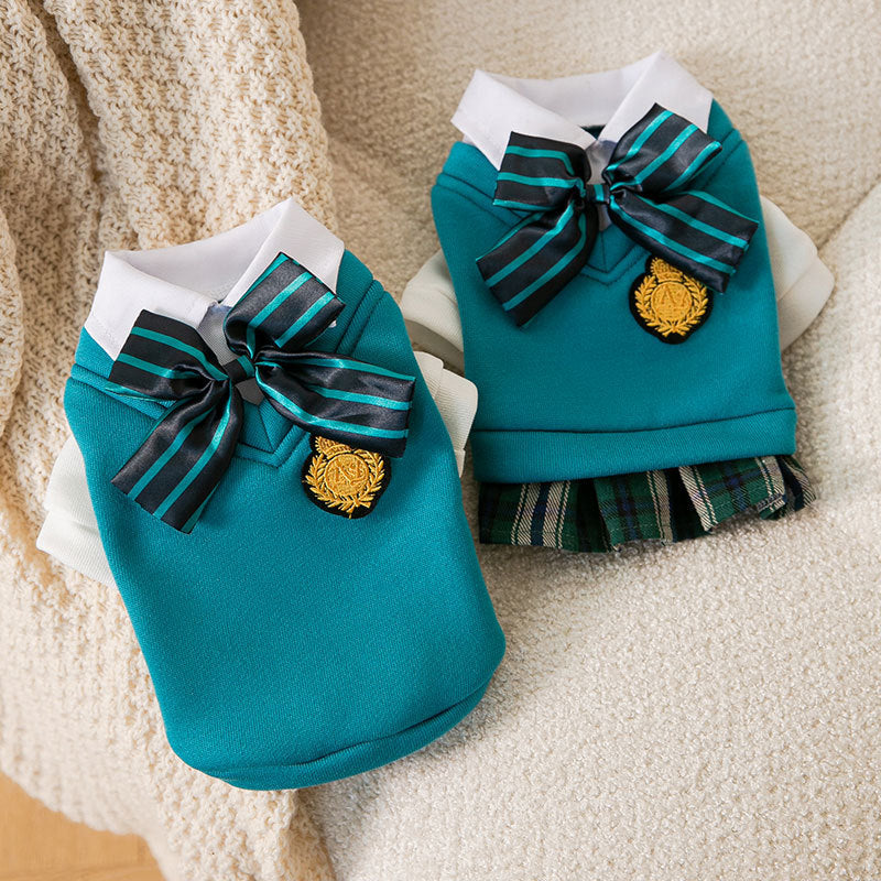 HKM-1206973 College Style Dog Bow Tie and Sweater Dress Set in Green - Fashionable, Simple Design for Pets