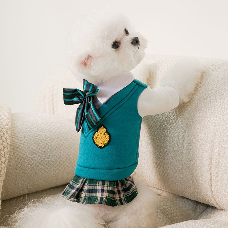 HKM-1206973 College Style Dog Bow Tie and Sweater Dress Set in Green - Fashionable, Simple Design for Pets