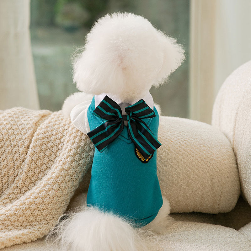 HKM-1206973 College Style Dog Bow Tie and Sweater Dress Set in Green - Fashionable, Simple Design for Pets