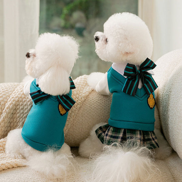 HKM-1206973 College Style Dog Bow Tie and Sweater Dress Set in Green - Fashionable, Simple Design for Pets