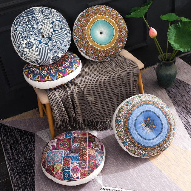 HKM-121043 Bohemian Floral Floor Cushion - 50cm Linen Blend Seat and Back Mat