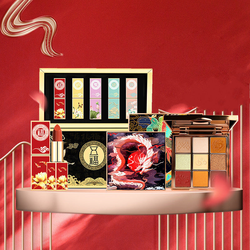 HKM-121107 Chinese Style Lipstick Sample Gift Box Set with Eye Shadow Palette - 5 Colorful Lipsticks and Dragon & Phoenix Shadow