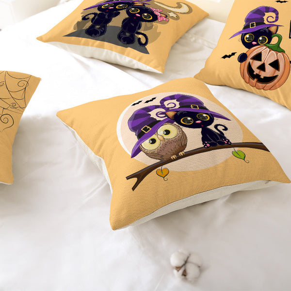 HKM-121107 Halloween Cartoon Printed Kitten Pumpkin Head Pillow Cover - 45x45 Linen Decorative Cushion
