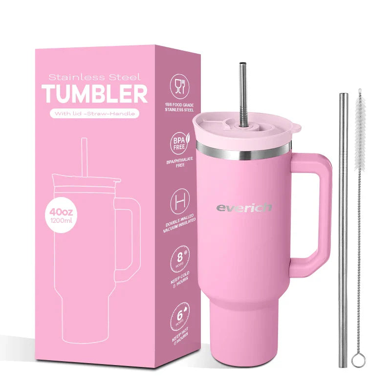 HKM-121235 40oz Large Capacity Stainless Steel Tumbler with Straw and Handle