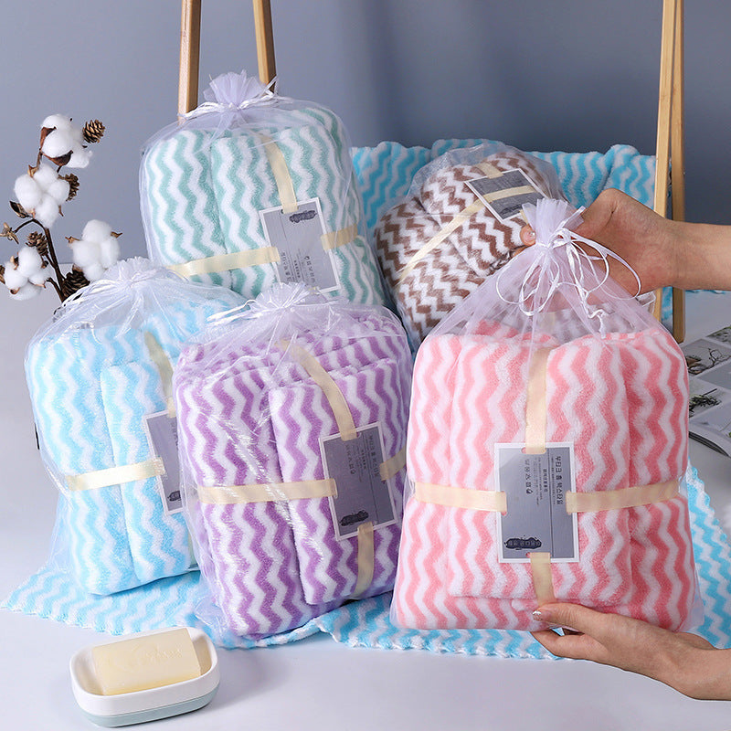 HKM-121235 Water Ripple Coral Fleece Towels Two-Piece Set for Parents and Children – Soft, Absorbent, and Non-fading